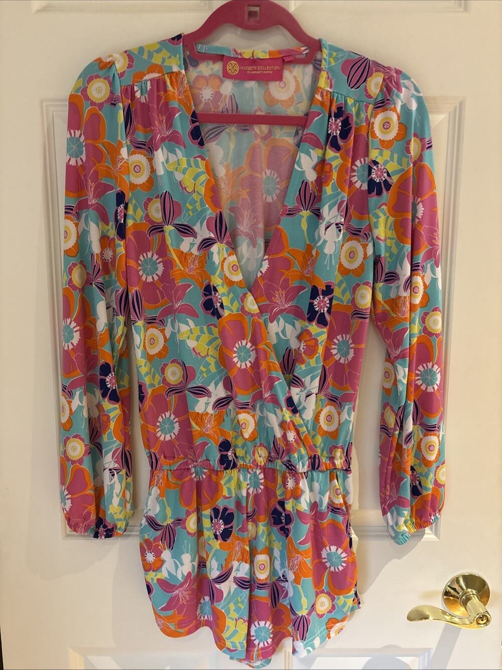 Macbeth Collection Margaret Joseph mod Floral V-Neck Long Sleeve Romper Sz S New